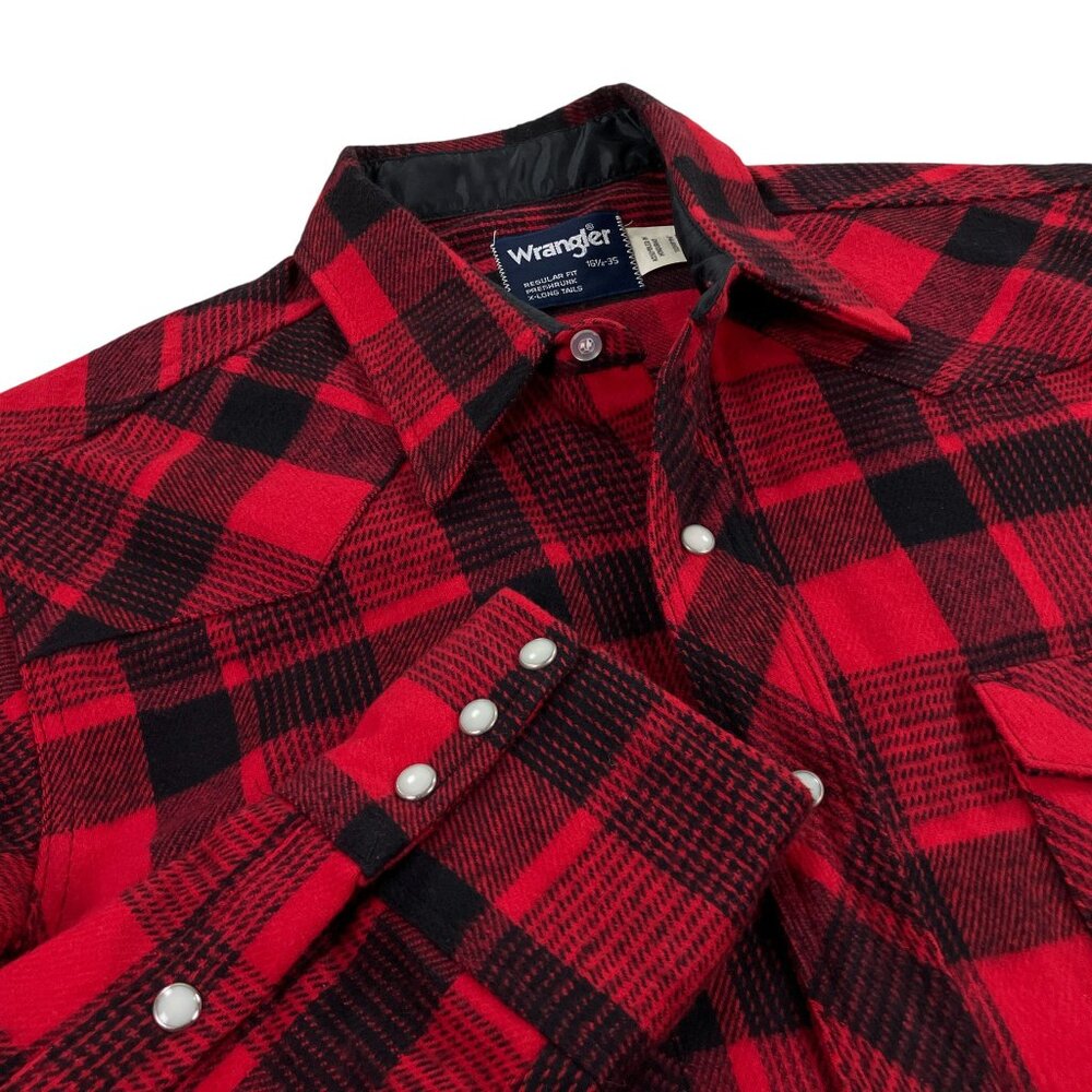 Vintage NOS Wrangler Pearl Snap Heavy Flannel Shirt 16.5 x 35 X-Long Tails Red